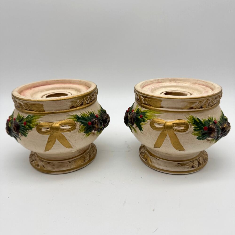 Vintage Napcoware Christmas Candle Holder Pine Cone & Holly Decor